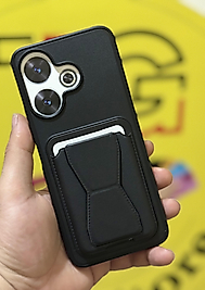 Redmi 13 Kartlıklı Standlı Siyah Deri Telefon Kılıfı