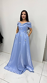 Nova  Organze Kristal Taş Bebe Mavisi Abiye 1024