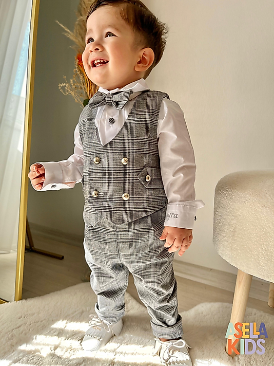 Erkek Çocuk Gri Ekoseli Yelekli Takım