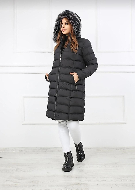 Şişme Mont Kapişonu Kürklü Siyah Renk