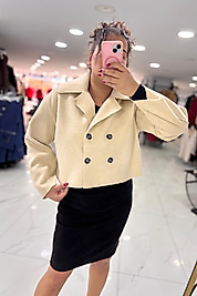 Kısa Kaşe Kruvaze Kadın Ceket - Bej