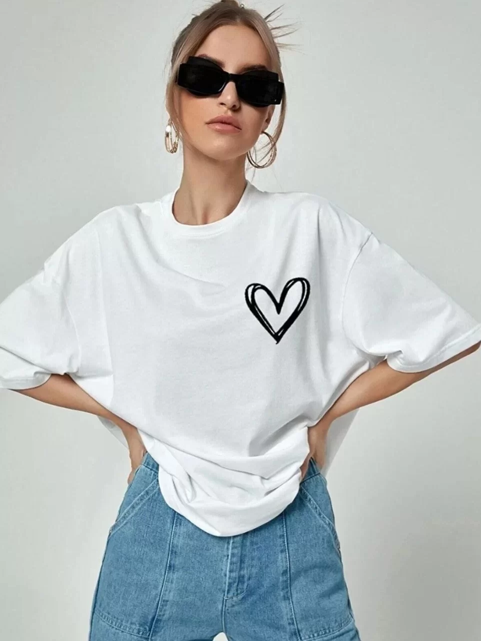 Kadın Bisiklet Yaka Baskılı Oversize T-Shirt - Beyaz