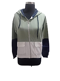 Yeşil-Beyaz-Lacivert Kapüşonlu Keten Cepli Spor Ceket