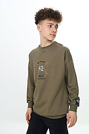 Askeri Yeşil Baskılı İki İp Sweatshirt Pamuklu / Şardonsuz Renkli Baskı Ribanalı