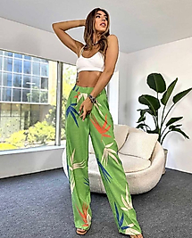 Keten Dokulu Çiçek Detay Beli Lastikli Bol Paça Pantalon