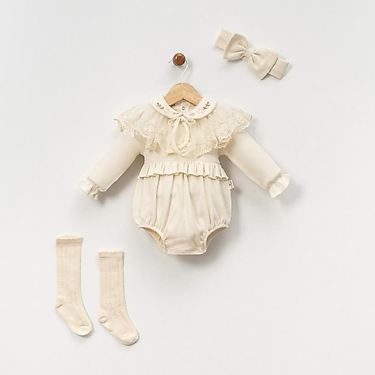 Kız Bebek Yakası Dantelli Çiçek Nakışlı Saç Bantlı Çoraplı Romper