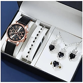 ( 6 X PARÇA ) TIME BLACK SAAT + KALP KUPE +KOLYE + BİLEKLİK + YÜZÜK TAKI SETİ SİYAH