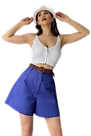 Rahat Kalıp Kemerli Mom Şort - MAVİ