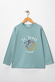 Erkek Çocuk Uzun Kollu Bisiklet Yaka "Hz Hamza" Aslan Baskılı Tişört Mevsimlik Pamuklu