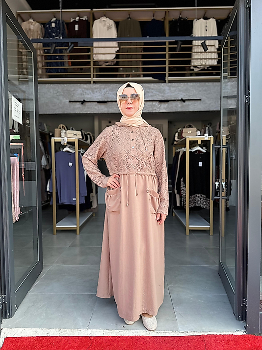 DANTEL İŞLEMELİ VİZON ELBİSE