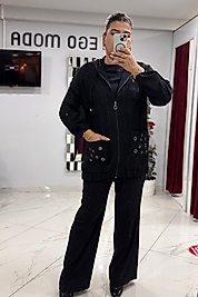 İtalyan Kesim Siyah Kapüşonlu Detaylı Takım