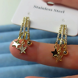 Çelik 14K Yıldız Taşlı Küpe