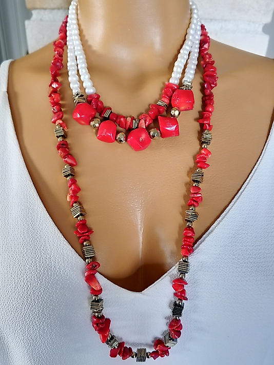 İNCİ VE AMORF MERCAN  İKİLİ KOLYE