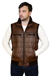 Max Hakiki Deri Erkek Taba/Kahve Triko Detaylı Şişme Yelek