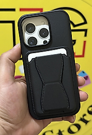 İphone 16 Pro Kartlıklı Standlı Siyah Deri Telefon Kılıfı
