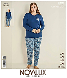 Büyük Beden Saks Mavi Düğmeli Baskılı Üst & Mavi Paisley Desenli Alt Kadın Pijama Takımı -Noya 14152