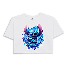 Stitch Blue Splash Baskılı Çocuk Crop Tişört – Su Efektli Canlı Tasarım