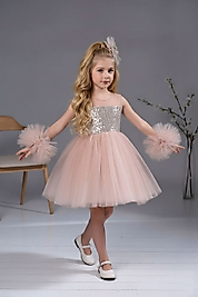 Kol Detaylı Ponponlu Tokalı Pudra Renk Çocuk Abiye Aby458