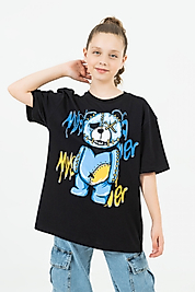 Siyah mavi ayıcık baskılı oversize tişört