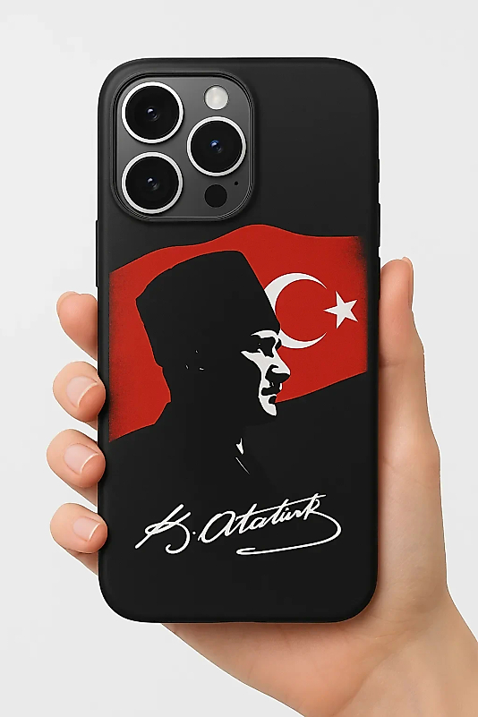 Siyah Mustafa Kemal Atatürk İmzalı Bayrak Lansman Telefon Kılıfı