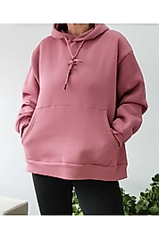 % 100 Pamuk Kadın Soft  3 iplik Şardonlu Oversize Kapüşonlu Kangru Cepli Sweatshirt