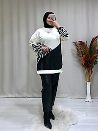 Kadın scuba zebra desenli ve deri detaylı tesettür sweat.