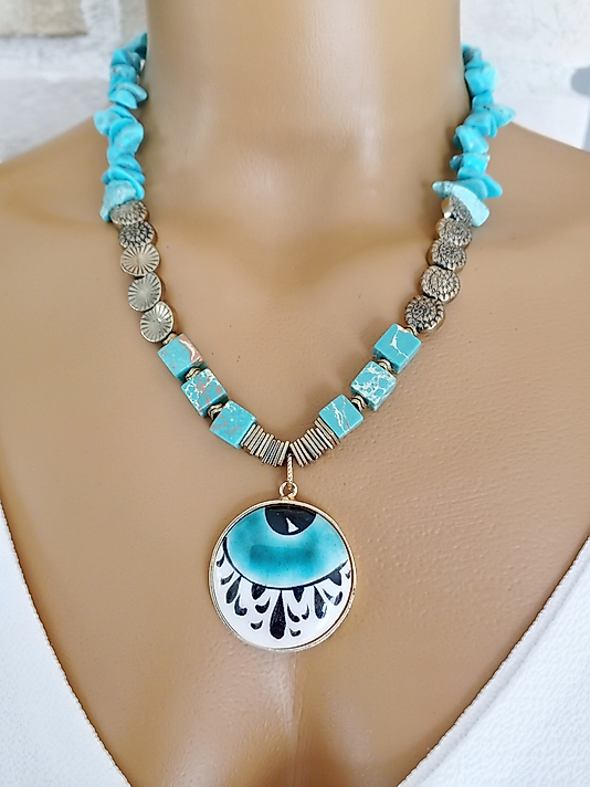 TURKUAZ VE HEMATİT TAŞI GÖZ KOLYE