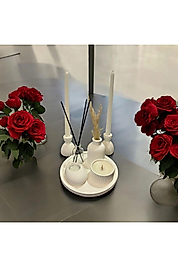 9 Lu Çizgili Vazo, Taş Mum, Taş Tealight, Oda Kokusu, Samdan Ve Şamdan Mum Set