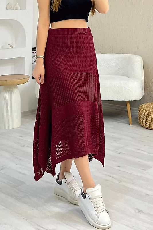 Fileli Detaylı Örme Etek - Bordo