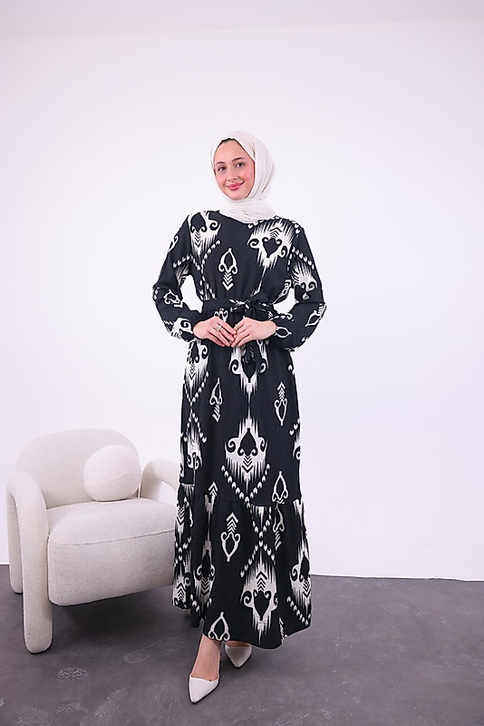 Desenli Bürümcük Elbise - Siyah