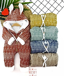 9-12-18-24 Ay Düğme Kapamalı Kulaklı Kapşonlu Motif Desenli Örme Kumaş Kız Erkek Bebek Tulumu Lacivert
