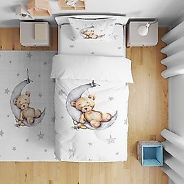 Minibabyrooms   Ayda Uyuyan Ayıcık Beyaz Zemin Desenli Nevresim Takımı