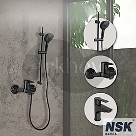 NSK Alamera Lavabo + Banyo Bataryası ve Calma Square Sürgülü Duş Takımı Seti - Mat Siyah N5002029