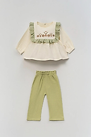 Bebek Müslin Nakışlı Fırfırlı Bluz & Pantolon Takım (6-24 Ay)