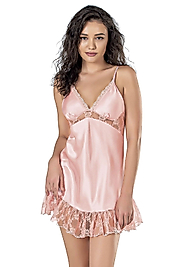 Pembe Tül Detaylı Saten Gecelik 8141