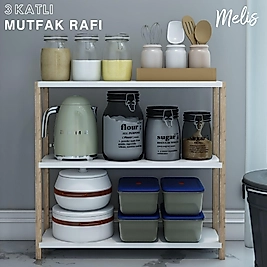 Melis 3 Katlı Ahşap Mutfak Rafı /Dekoratif Raf / Çok Amaçlı Kullanım ( Beyaz )