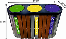 AHŞAPLI PASLANMAZ GERİ DÖNÜŞÜM KOVASI 3'LÜ 81 LT (METAL İÇ KOVALI, DÖNER KAPAKLI)  ( KDV DAHİL )