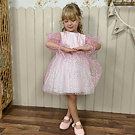 Fiyonk Bağlama Tokalı Yıldız Pembe Kız Çocuk Uzun kol Tütü Elbise