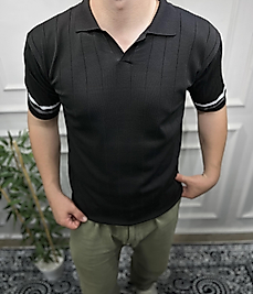 Çizgi Şeritli Polo Yaka Triko - Siyah