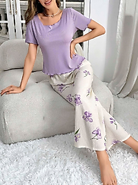 Kadın Mor Çiçek Desenli Yumuşak Pamuklu Uzun Pijama Takımı 5133
