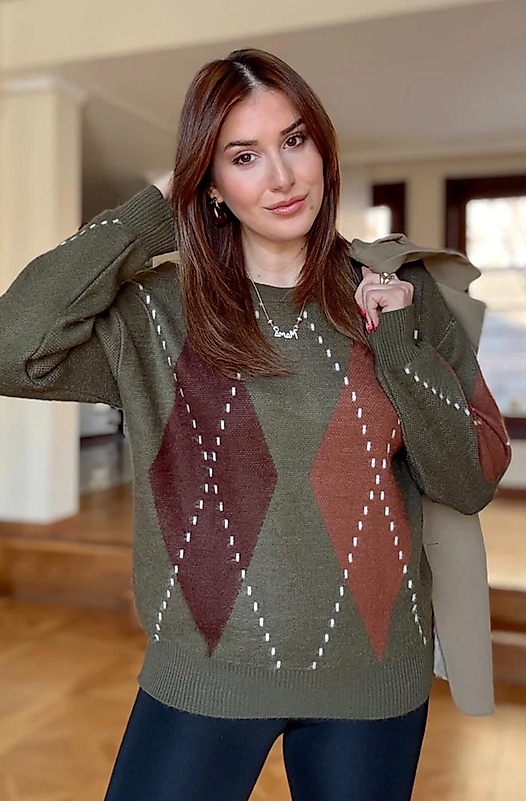 Baklava Desenli Standart Beden Uzun Kazak Haki