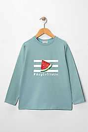 Kız Çocuk Uzun Kollu Bisiklet Yaka "Özgür Filistin" Baskılı Tişört Mevsimlik Pamuklu