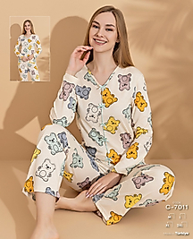 Ayıcık Desenli Fiyonk Detaylı Pijama Takımı 7011