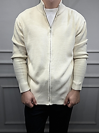 Tam Fermuarlı Basic Hırka - Krem