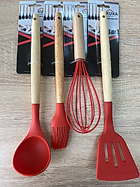 Kuka 4'lü Silikon Set Bambu Saplı Spatula Çırpıcı Fırça ve Kepçe Kırmızı Renk