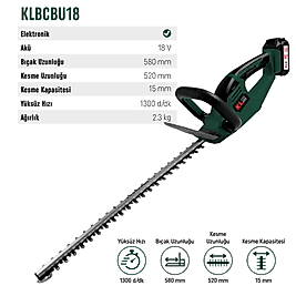 KLPro, KLBCBU18-50 Şarjlı Çit Budama Makinası,  18 V 5Ah 58 cm