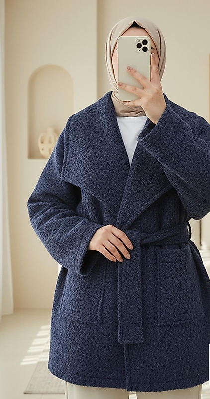 Geniş Yakalı Beli Kemerli Cepli Kaşe Kaban Lacivert Renk