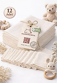 12 Adet %100 Pamuklu Tek Kat Müslin Bebek Ağız Mendili | Yumuşak & Emici | 24×24 cm | Krem