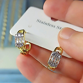 Çelik 14K Baget Taşlı Halka Küpe