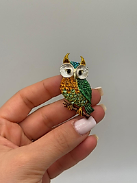 Yeşil & Altın Tonlu Baykuş Figürlü Taşlı Broş
